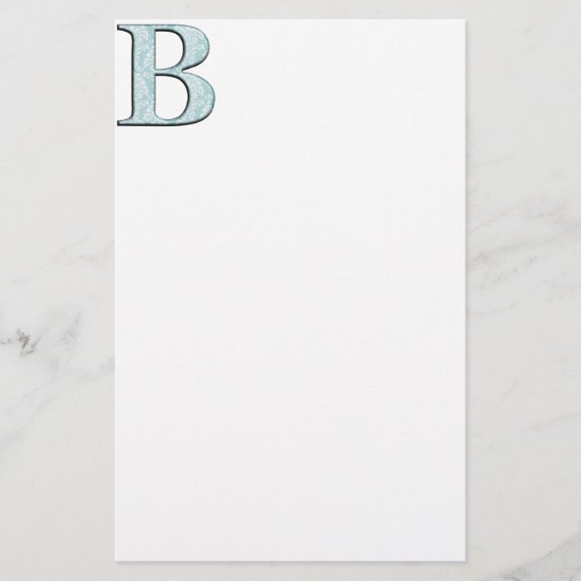 Blue Floral Damask Print B monogram initials Stationery (Front)