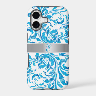 Blue Floral Damask With Silver Line