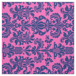 Blue Floral Damasks Custom Pink Background Fabric