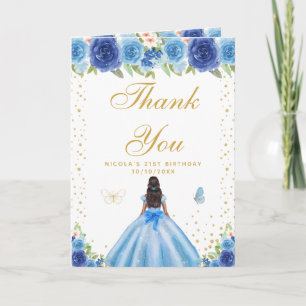 Blue Floral Dark Skin Girl Birthday Thank You Card