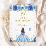Blue Floral Dark Skin Girl Happy Birthday Card<br><div class="desc">This elegant and glamourous birthday card can be personalized with a name or title such as daughter, granddaughter, niece, friend etc. The design features a beautiful princess with dark hair and dark skin in a blue ball gown. The text combines handwritten script and modern sans serif fonts for a classy...</div>