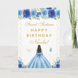 Blue Floral Dark Skin Girl Sweet Sixteen Card