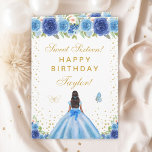 Blue Floral Dark Skin Girl Sweet Sixteen Card<br><div class="desc">This elegant and glamourous sweet sixteen birthday card can be personalized with a name or title such as daughter, granddaughter, niece, friend etc. The design features a beautiful princess with dark hair and dark skin in a blue ball gown. The text combines handwritten script and modern sans serif fonts for...</div>