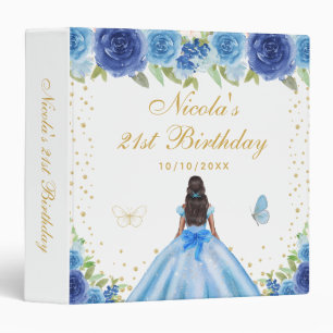 Blue Floral Dark Skin Princess Birthday Party Binder