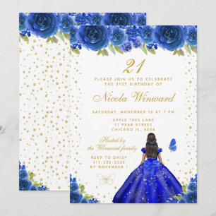 Blue Floral Dark Skin Princess Birthday Party Invitation