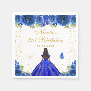 Blue Floral Dark Skin Princess Birthday Party Napkin