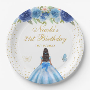 Blue Floral Dark Skin Princess Birthday Party Paper Plate