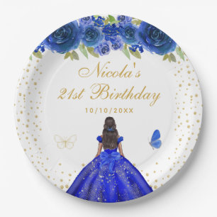 Blue Floral Dark Skin Princess Birthday Party Paper Plate