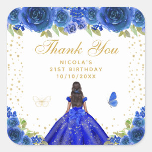 Blue Floral Dark Skin Princess Birthday Party Square Sticker