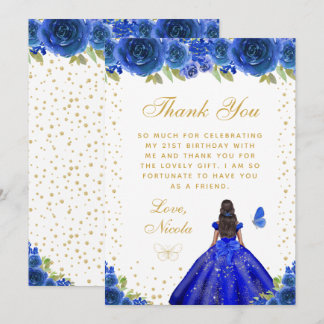 Blue Floral Dark Skin Princess Birthday Party Thank You Card