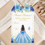 Blue Floral Dark Skin Princess Sweet Sixteen Gift Tags<br><div class="desc">This elegant and glamourous sweet sixteen birthday gift tag can be personalized with a name. The design features a beautiful princess with dark hair and dark skin in a blue ball gown. The text combines handwritten script and modern sans serif fonts for a classy and sophisticated look. The floral arrangements,...</div>