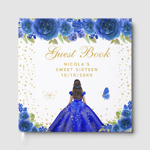 Blue Floral Dark Skin Princess Sweet Sixteen Guest Book