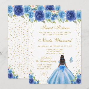 Blue Floral Dark Skin Princess Sweet Sixteen Invitation