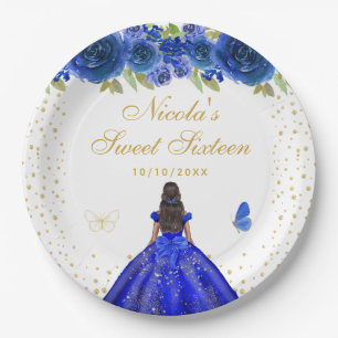 Blue Floral Dark Skin Princess Sweet Sixteen Paper Plate