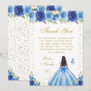 Blue Floral Dark Skin Princess Sweet Sixteen Thank You Card