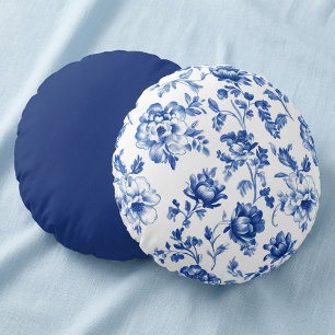 Blue Floral delftware vintage style botanical Round Pillow