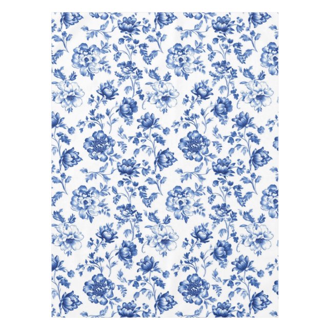 Blue Floral delftware vintage style botanical Tablecloth (Front)