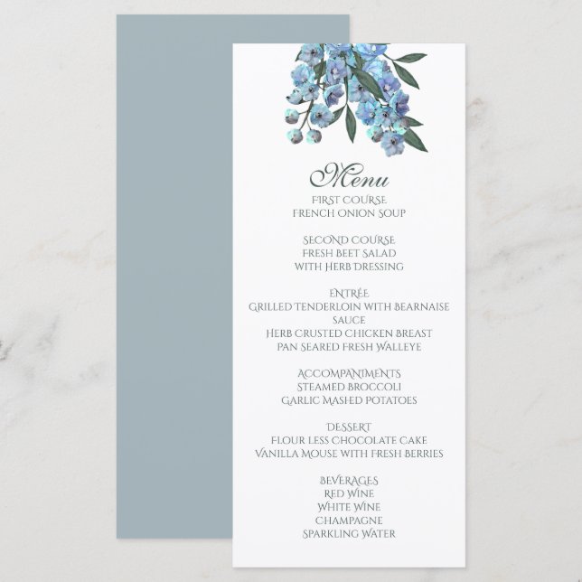 Blue Floral Delphinium Bouquet Menu (Front/Back)