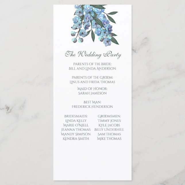 Blue Floral Delphinium Bouquet Program (Back)