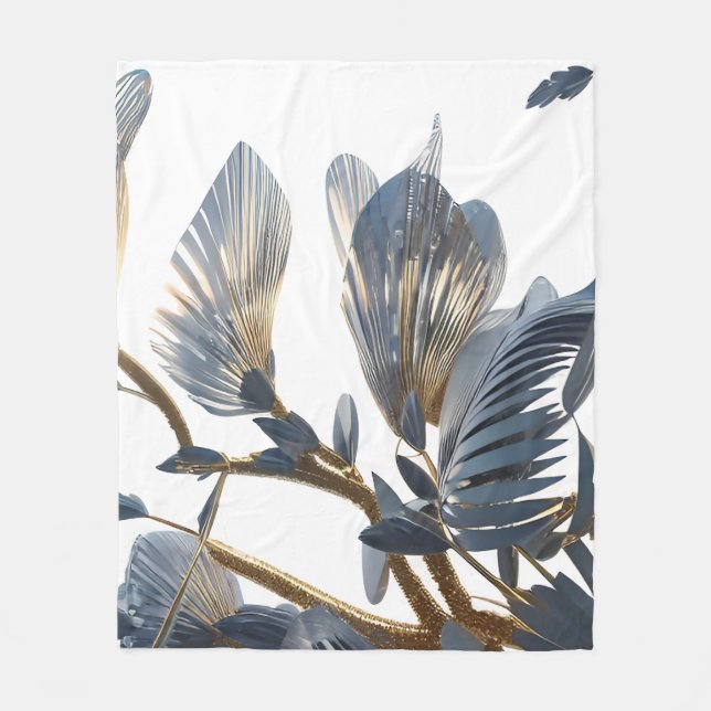 Blue Floral Design Plant Fleece Blanket (Front)