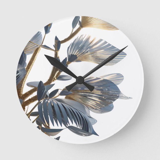 Blue Floral Design Plant Round Clock (Front)