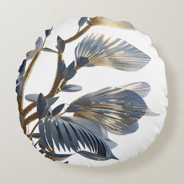 Blue Floral Design Plant Round Pillow (Front)