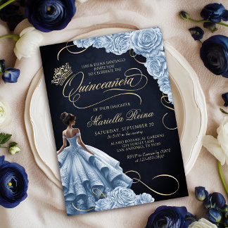 Blue Floral Dress Quinceañera Invitation