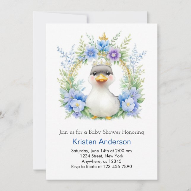 Blue Floral Duck Boy Baby Shower Invitation (Front)