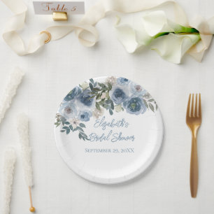 Blue Floral Dusty Blue Watercolor Bridal Shower Paper Plate