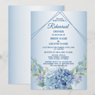 Blue Floral Dusty Vintage Wedding Rehearsal Dinner Invitation