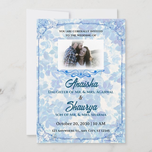 Blue Floral Elegance Faire-part de mariage (Devant)