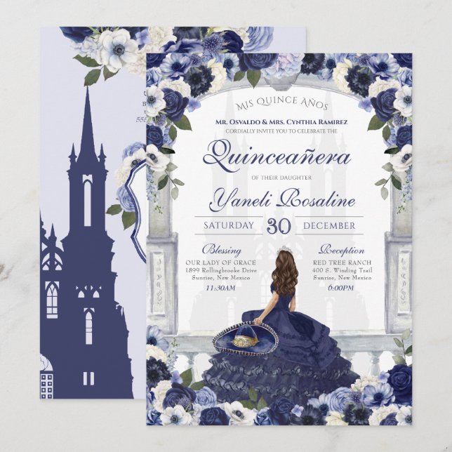 Blue Floral Elegant Charro Princess Quinceanera Invitation (Front/Back)