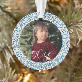 Blue Floral Elegant Christmas Custom Photo Name Ornament