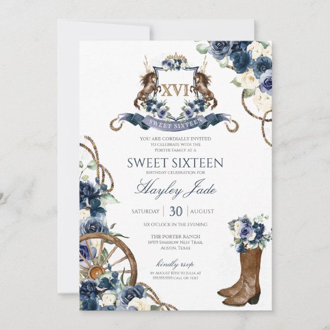 Blue Floral & Elegant Crest Cowgirl Ranch Sweet 16 Invitation (Front)