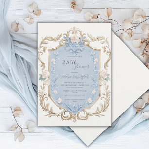 Blue Floral Elegant Gold Frame Baby Shower Invitation