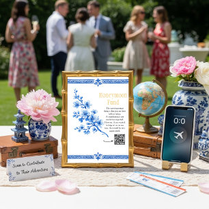 Blue floral Elegant Honeymoon Fund QR code sign Invitation