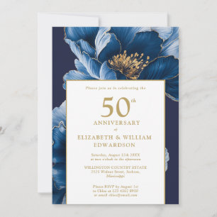 Blue Floral Elegant Modern 50th Anniversary Invitation