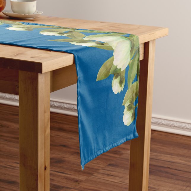 Blue Floral Elegant White Peonies Medium Table Runner (In Situ)