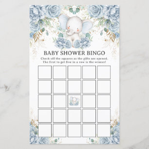 Blue Floral Elephant Baby Shower Bingo Game