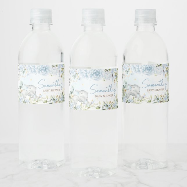 Blue Floral Elephant Baby Shower  Water Bottle Label (Bottles)