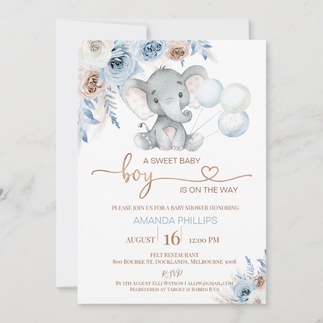 Blue Floral Elephant Balloons Baby Shower  Invitation (Front)