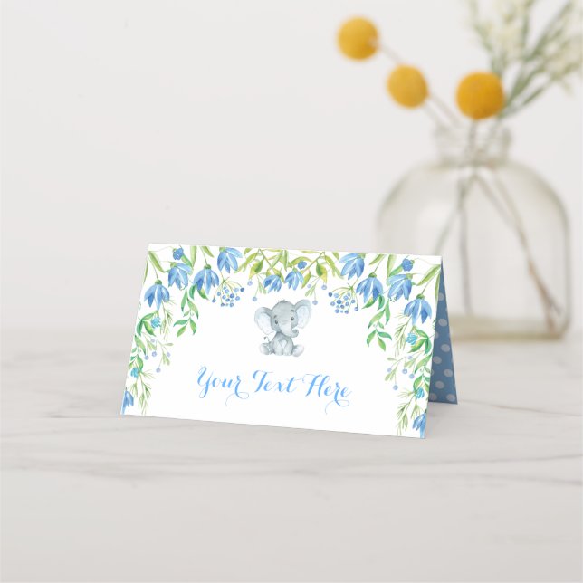 Blue Floral Elephant Boy Baby Shower 1st Birthday Place Card (Front)