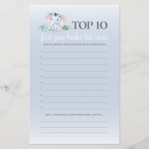 Blue Floral Elephant Bucket List Baby Shower Game