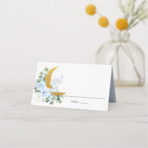 Blue Floral Elephant Crescent Moon Guest Name Place Card