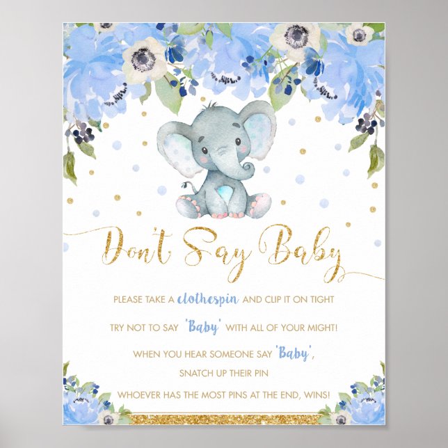 Blue Floral Elephant Don't Say Baby Shower Game  Poster (Front)