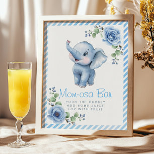 Blue Floral Elephant Mom-osa Bar Baby Shower Sign