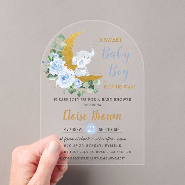 Blue Floral Elephant Moon Baby Boy Shower Arch Acrylic Invitations (Insitu (Handheld))