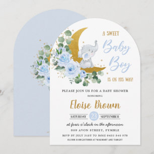 Blue Floral Elephant Moon Baby Boy Shower Arch Invitation
