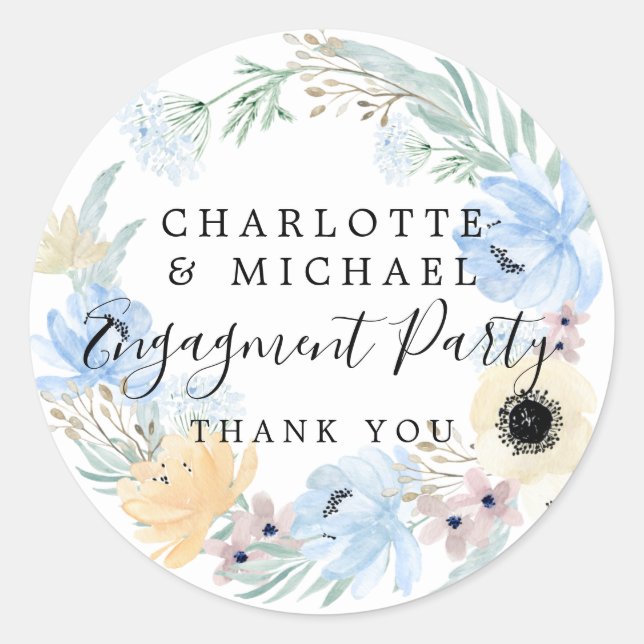 Blue Floral Engagement Thank You. Classic Round Sticker (Front)