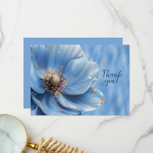 Blue Floral Enlarged on Shiny Blue Thank You Card (Front/Back In Situ)
